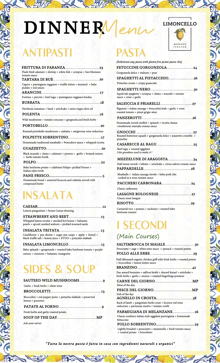 Our Menu Limoncello La Mesa Italian Restaurant